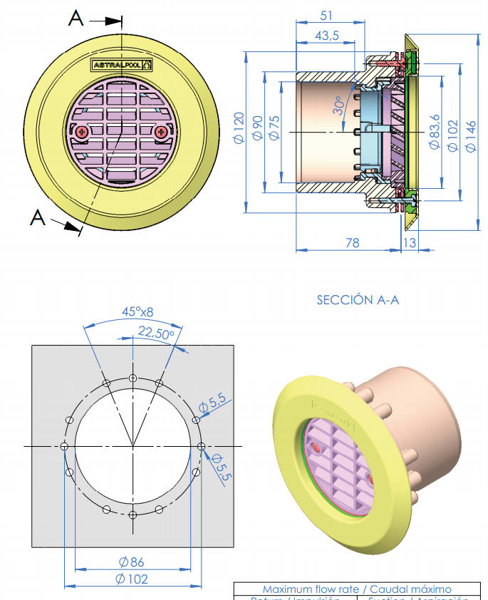 Boca de impulsão Diversas - fundo e parede