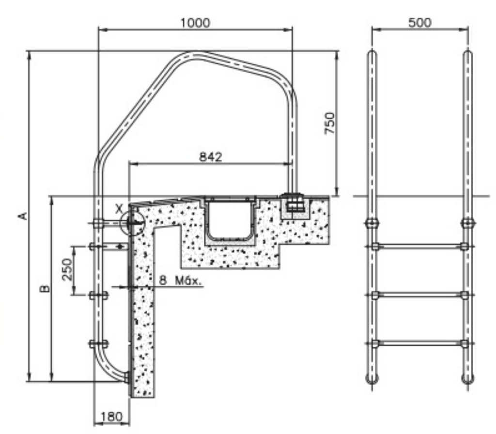 Escada para piscina com caleira